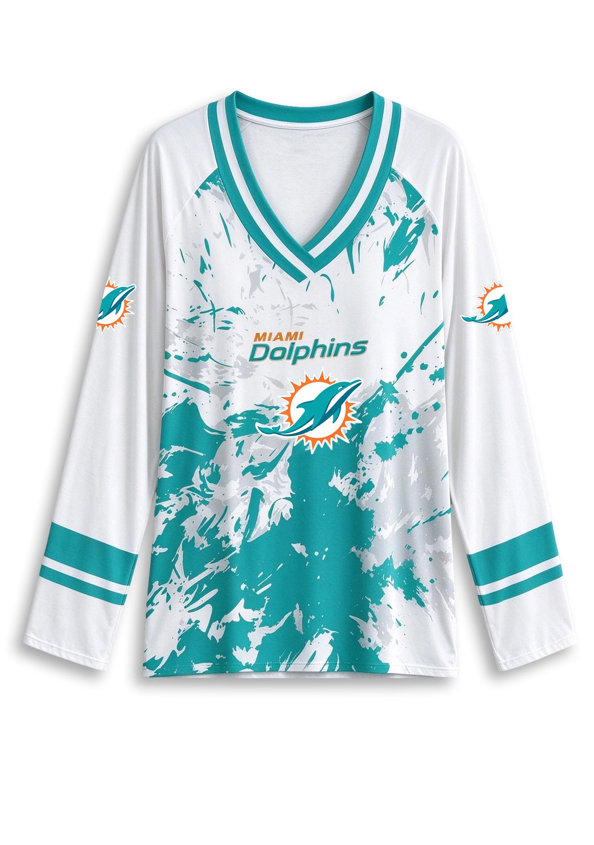 Women's Miami Dolphins Graphic V Neck Long Sleeve Shirt
