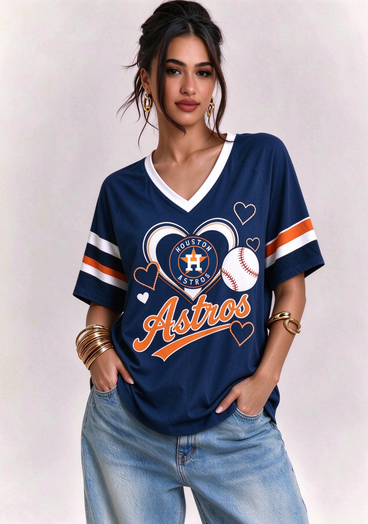 Women Houston Astros Heart Baseball Graphic V-Neck T-Shirt