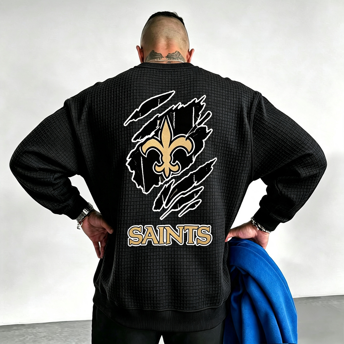 New Orleans Saints Ripped Effect Waffle Knit Crewneck Sweatshirt