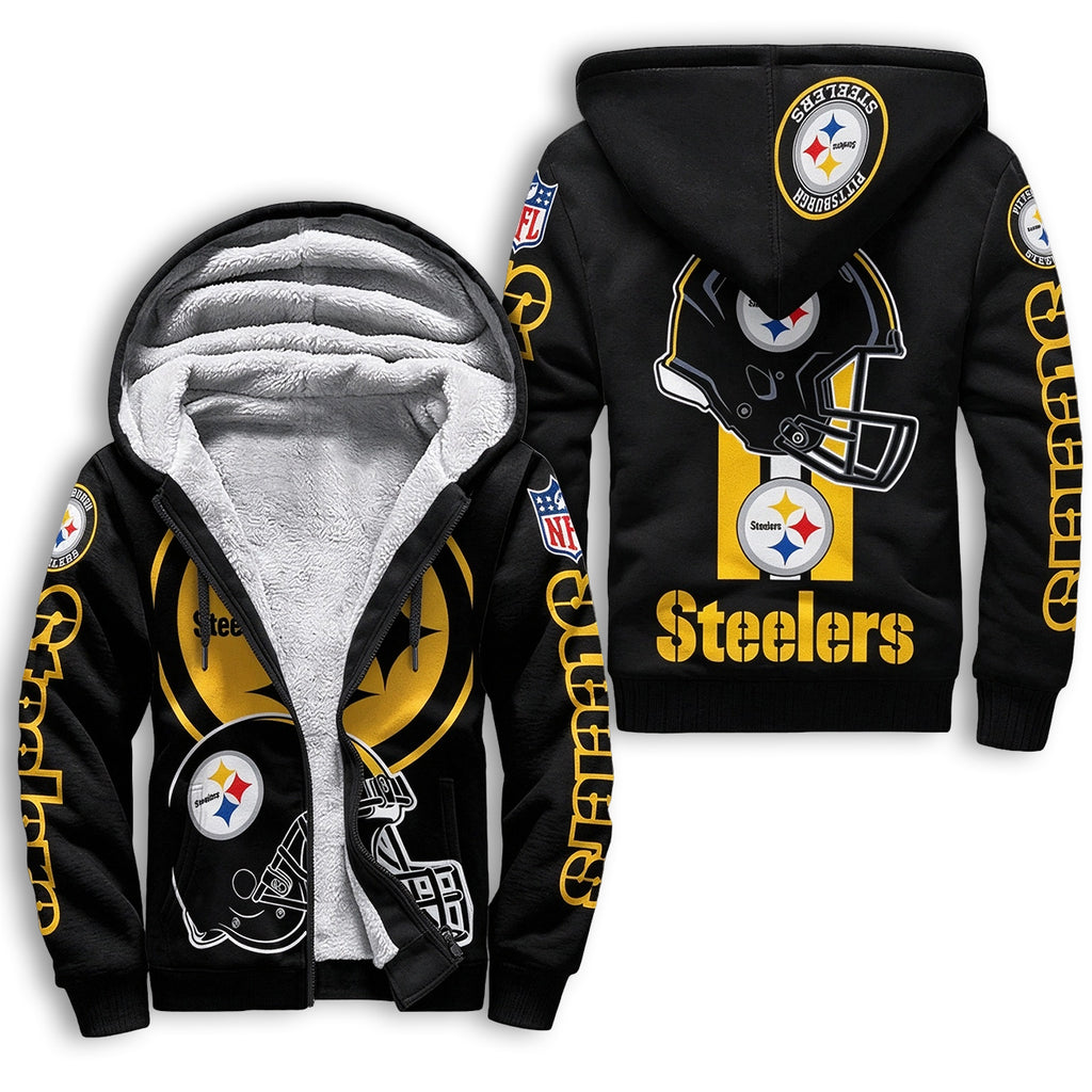 Pittsburgh Steelers Black Fleece Lined Zip Up Football Fan Hooded Jacket