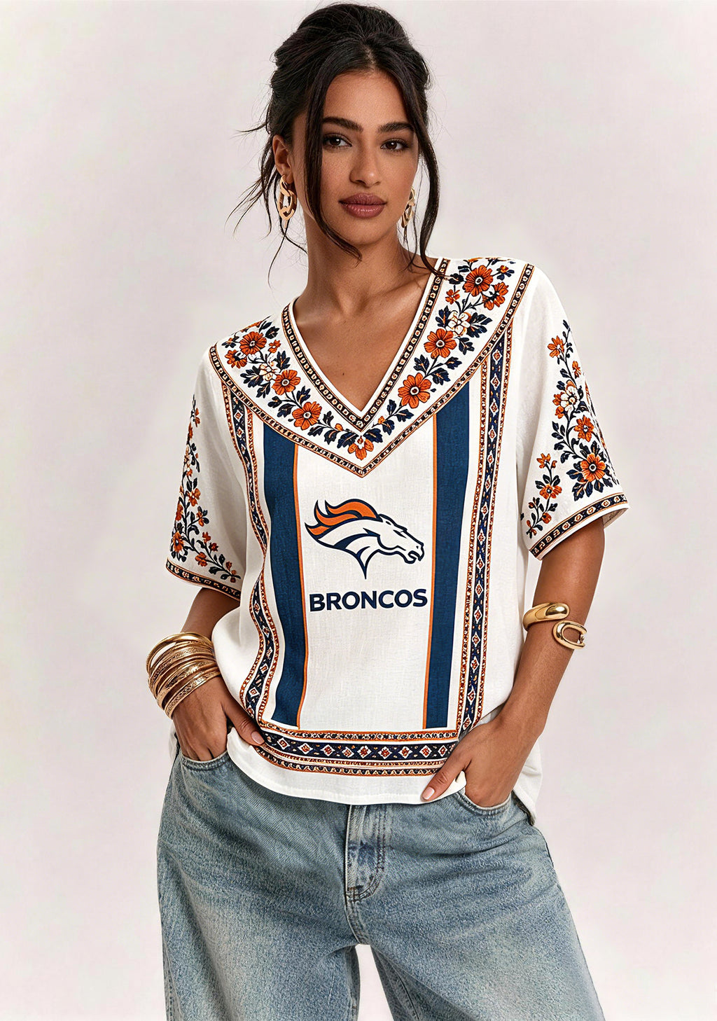Boho Orange Navy Floral Denver Broncos V-Neck Blouse