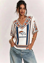 Boho Orange Navy Floral Denver Broncos V-Neck Blouse