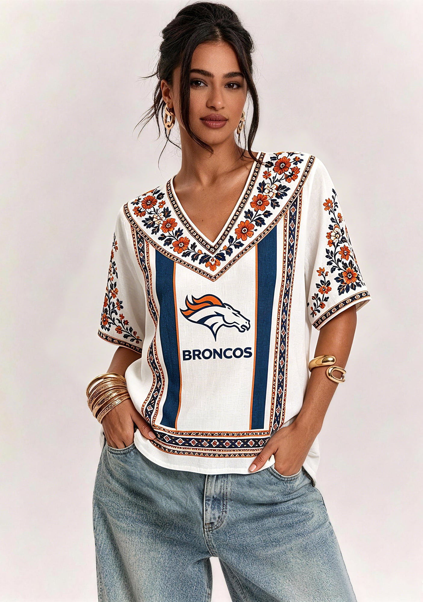 Boho Orange Navy Floral Denver Broncos V-Neck Blouse