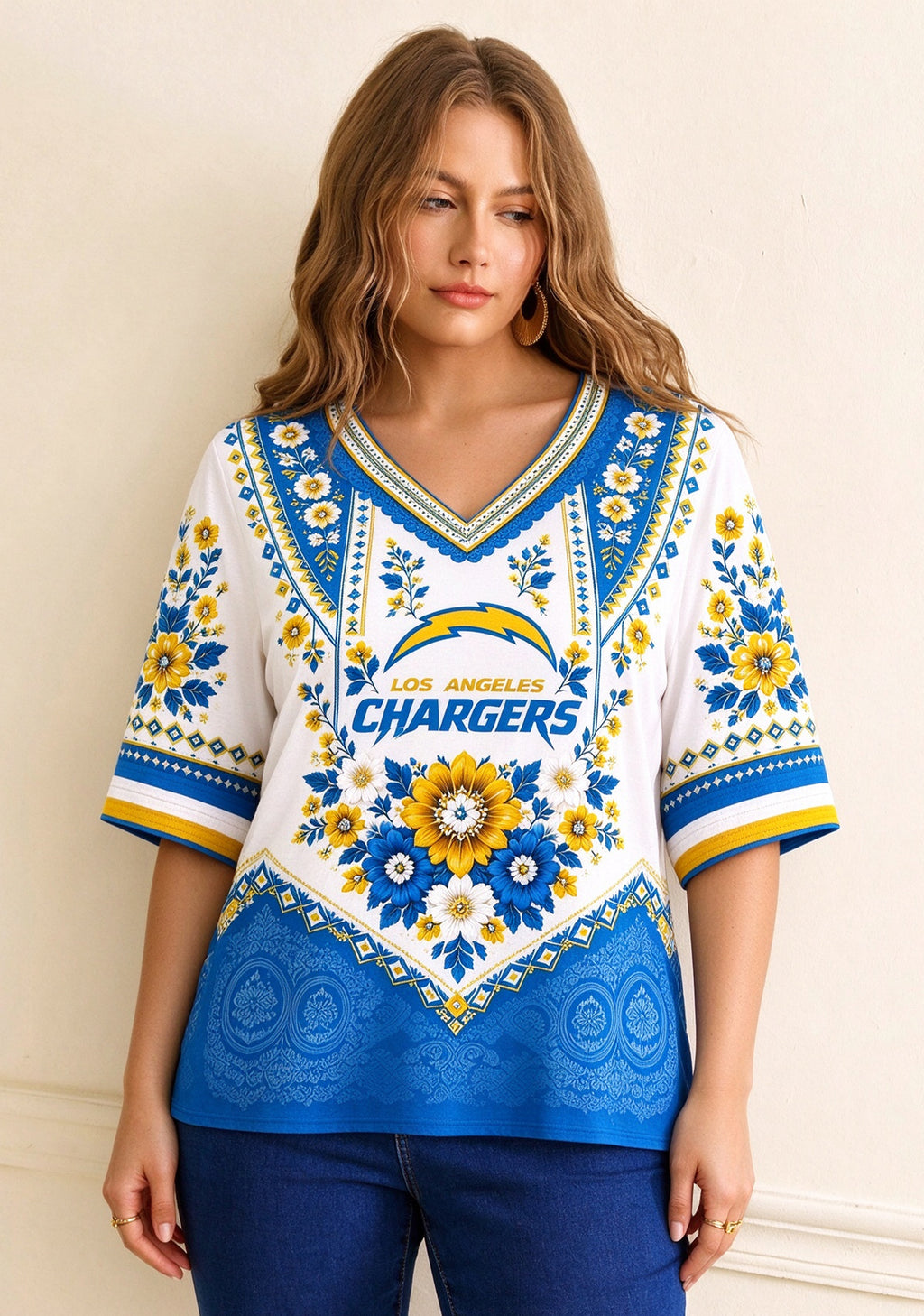 Women’s Los Angeles Chargers Boho Floral V-Neck 3/4 Sleeve Shirt