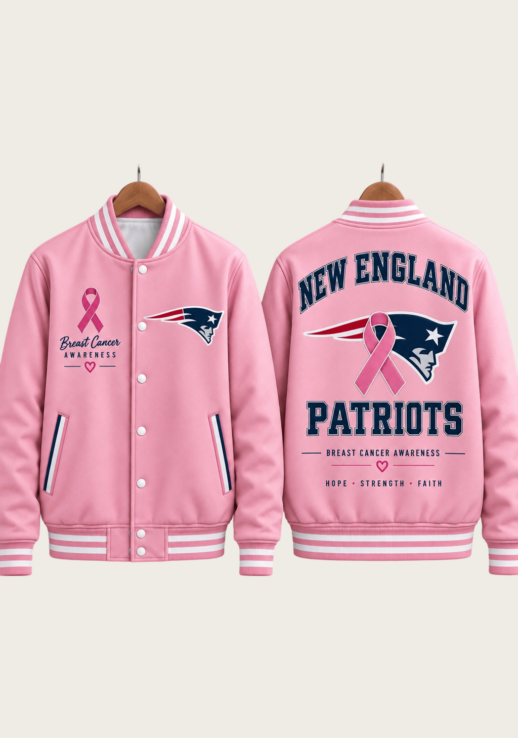 New England Patriots Breast Cancer Awareness Pink Ribbon Varsity Jacket