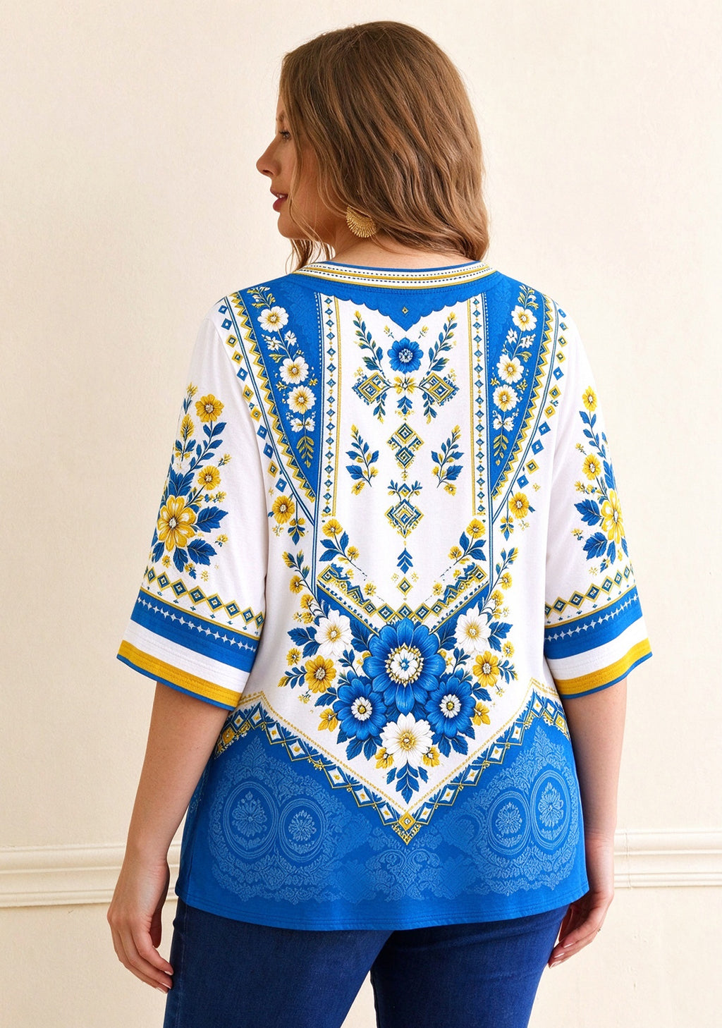 Women’s Los Angeles Chargers Boho Floral V-Neck 3/4 Sleeve Shirt
