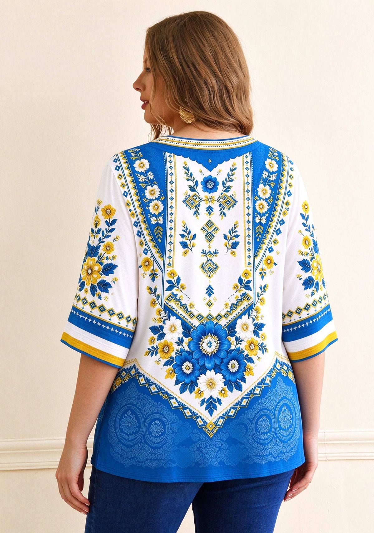 Women’s Los Angeles Chargers Boho Floral V-Neck 3/4 Sleeve Shirt