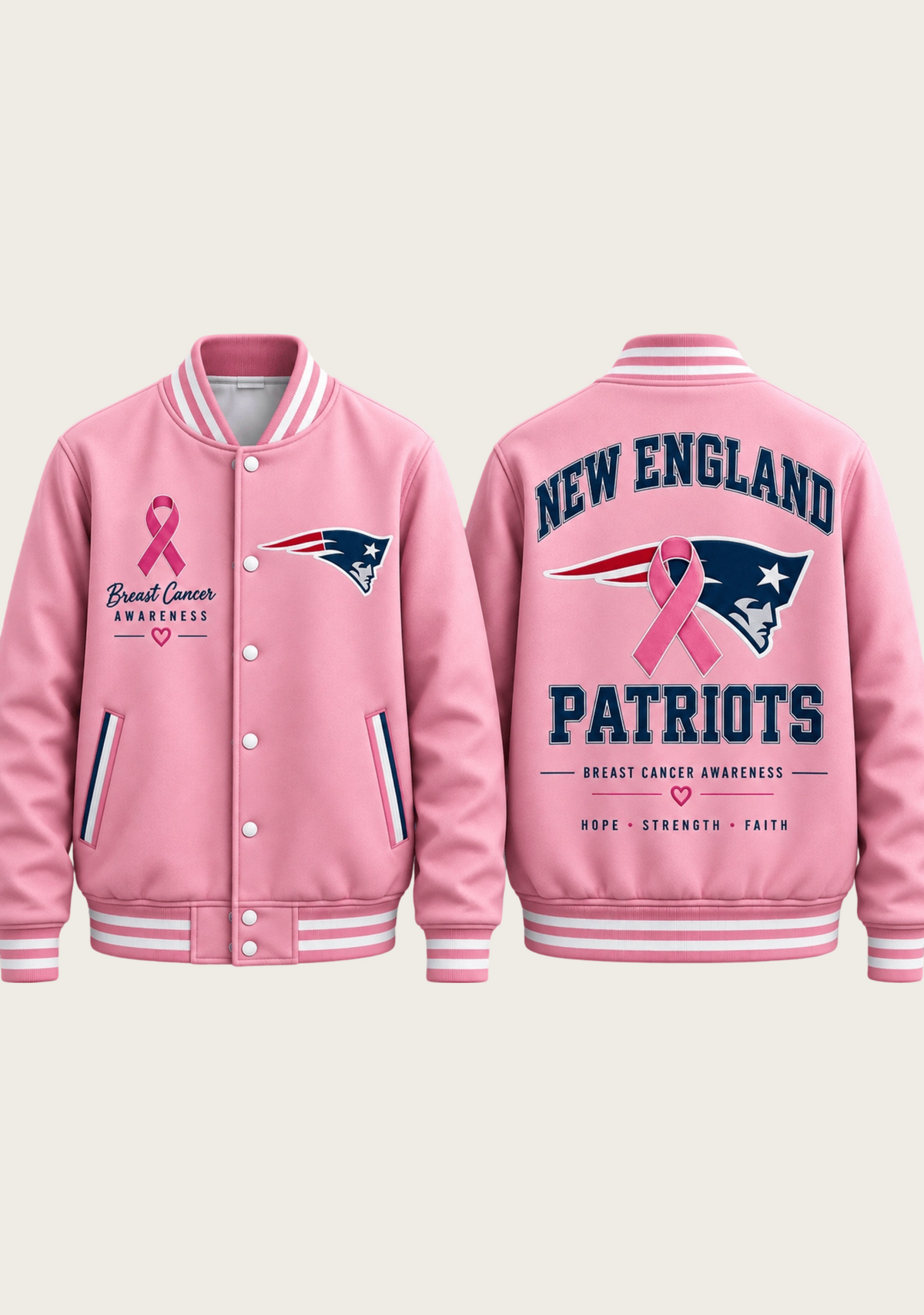 New England Patriots Breast Cancer Awareness Pink Ribbon Varsity Jacket Main image