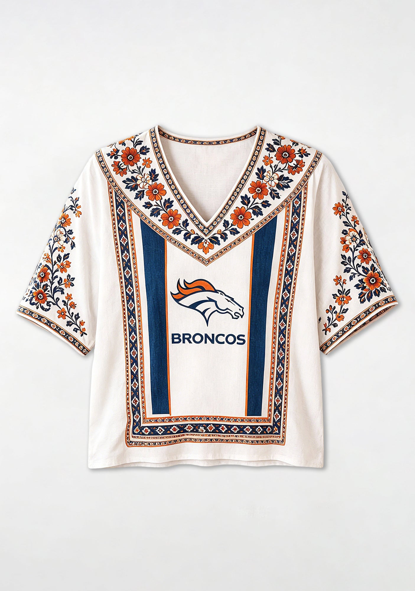Boho Orange Navy Floral Denver Broncos V-Neck Blouse Secondary image