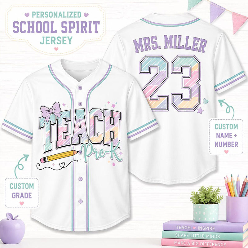 Personalized Grade And Name Rainbow Printing Letter Teacher Baseball Jersey Main image