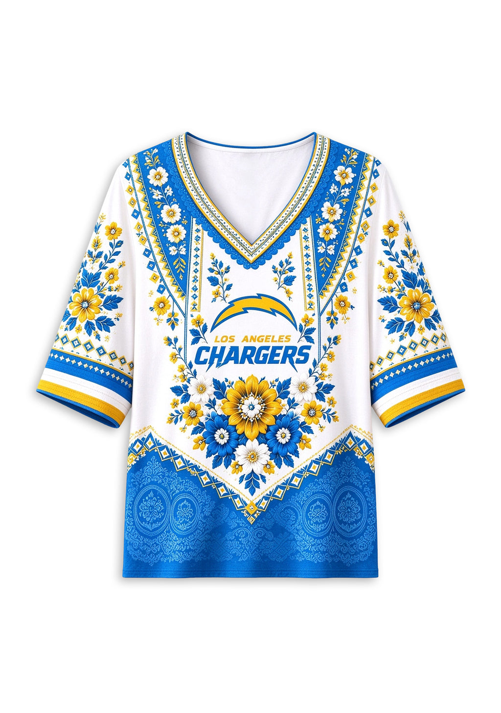 Women’s Los Angeles Chargers Boho Floral V-Neck 3/4 Sleeve Shirt