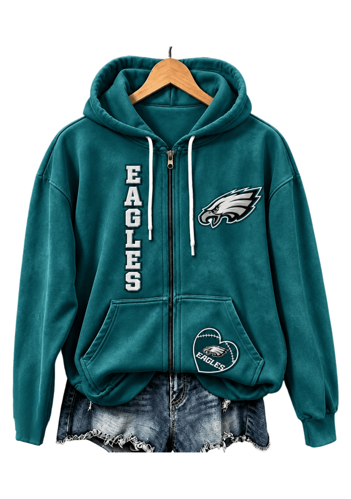 Philadelphia Eagles Women Heart Football Graphic Zip Up Hoodie