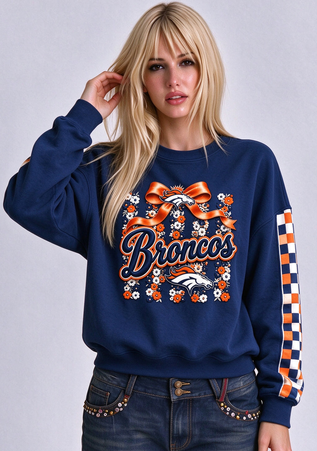 Women's Denver Broncos Floral Bow Crewneck Sweatshirt