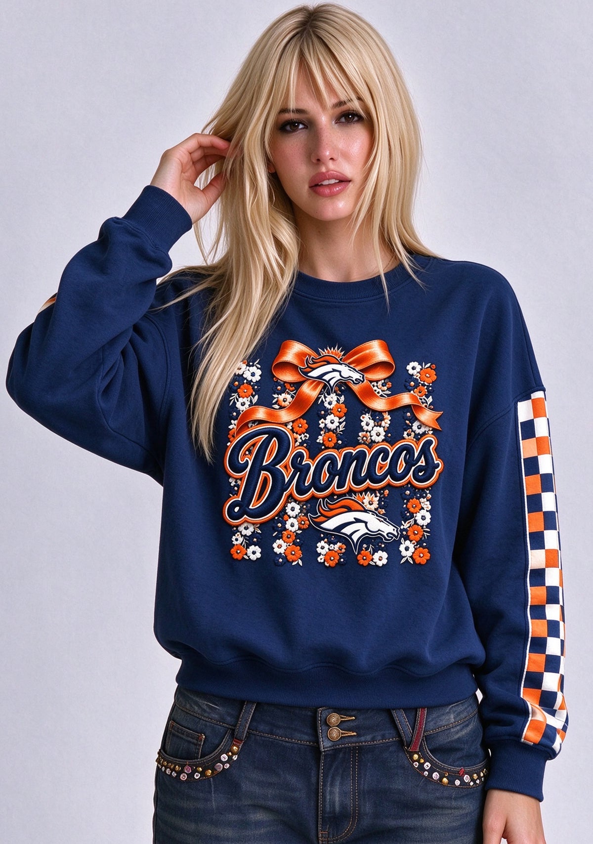 Women's Denver Broncos Floral Bow Crewneck Sweatshirt