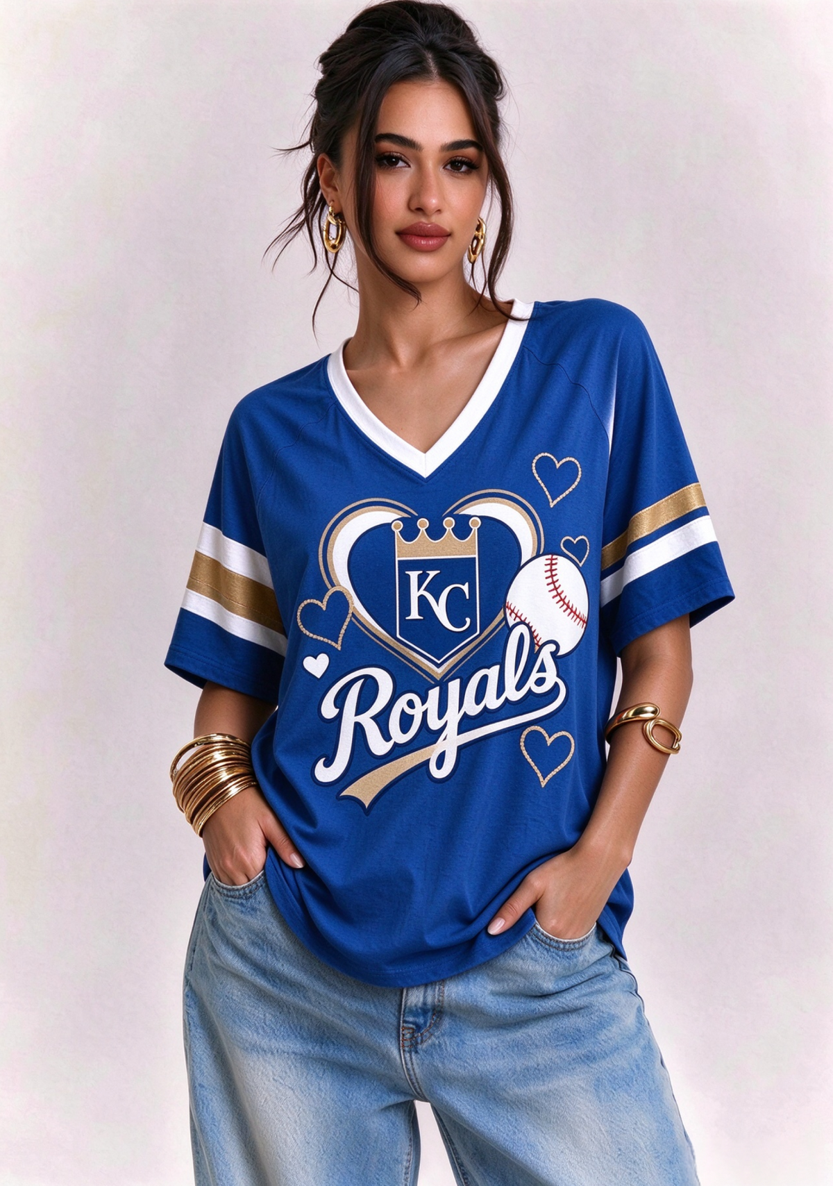 Women Kansas City Royals Heart Baseball Graphic V-Neck T-Shirt