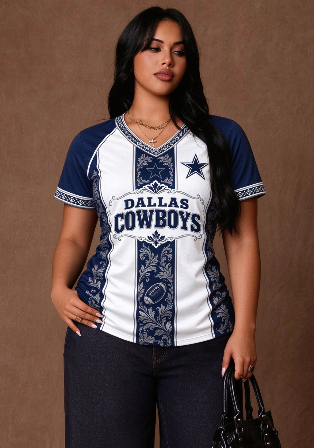 Women's Dallas Cowboys Floral Baroque Striped V-Neck T-Shirt