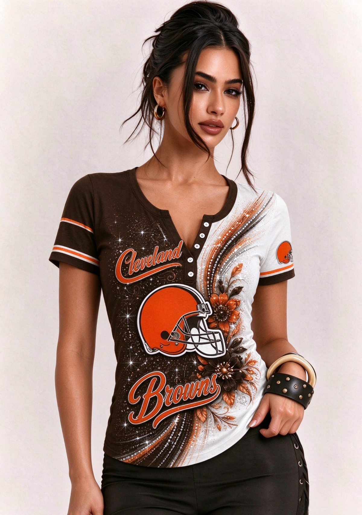 Women Cleveland Browns Floral Henley T-Shirt