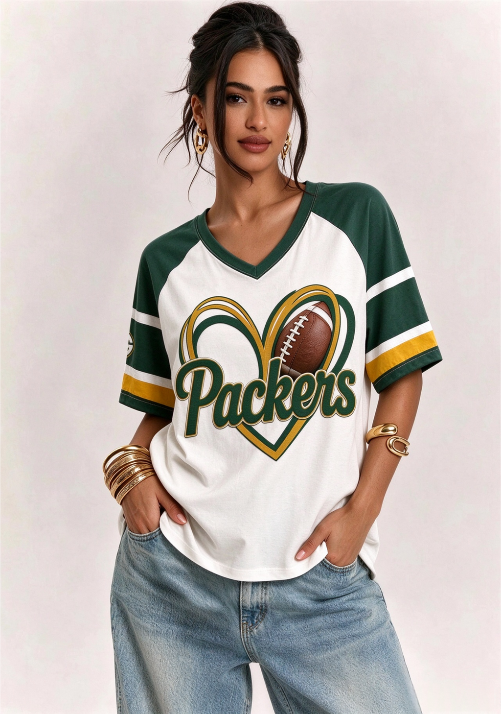 Women Green Bay Packers Heart Graphic V-Neck Fan T-Shirt