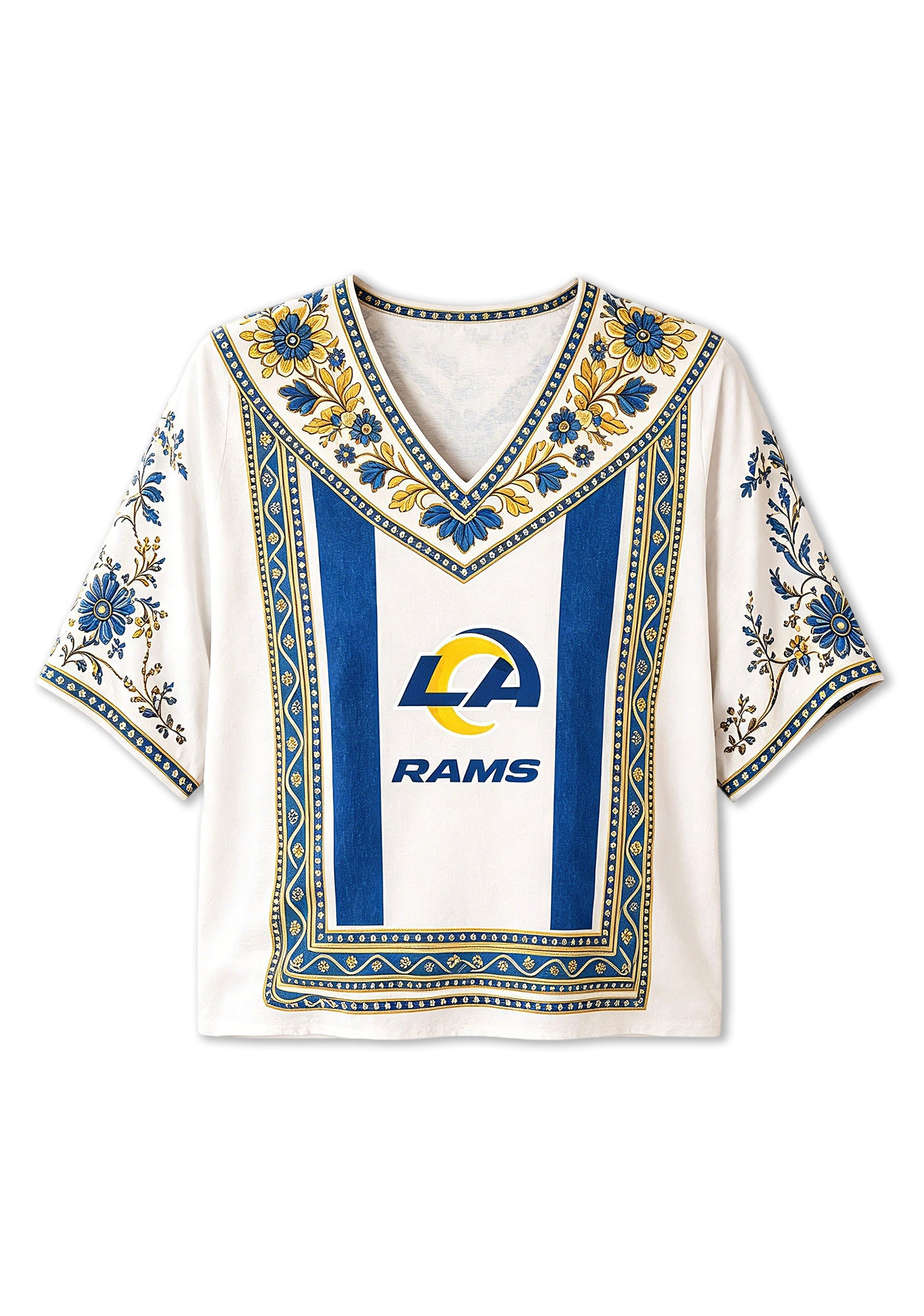 Boho Blue Gold Floral Los Angeles Rams V-Neck Blouse Secondary image