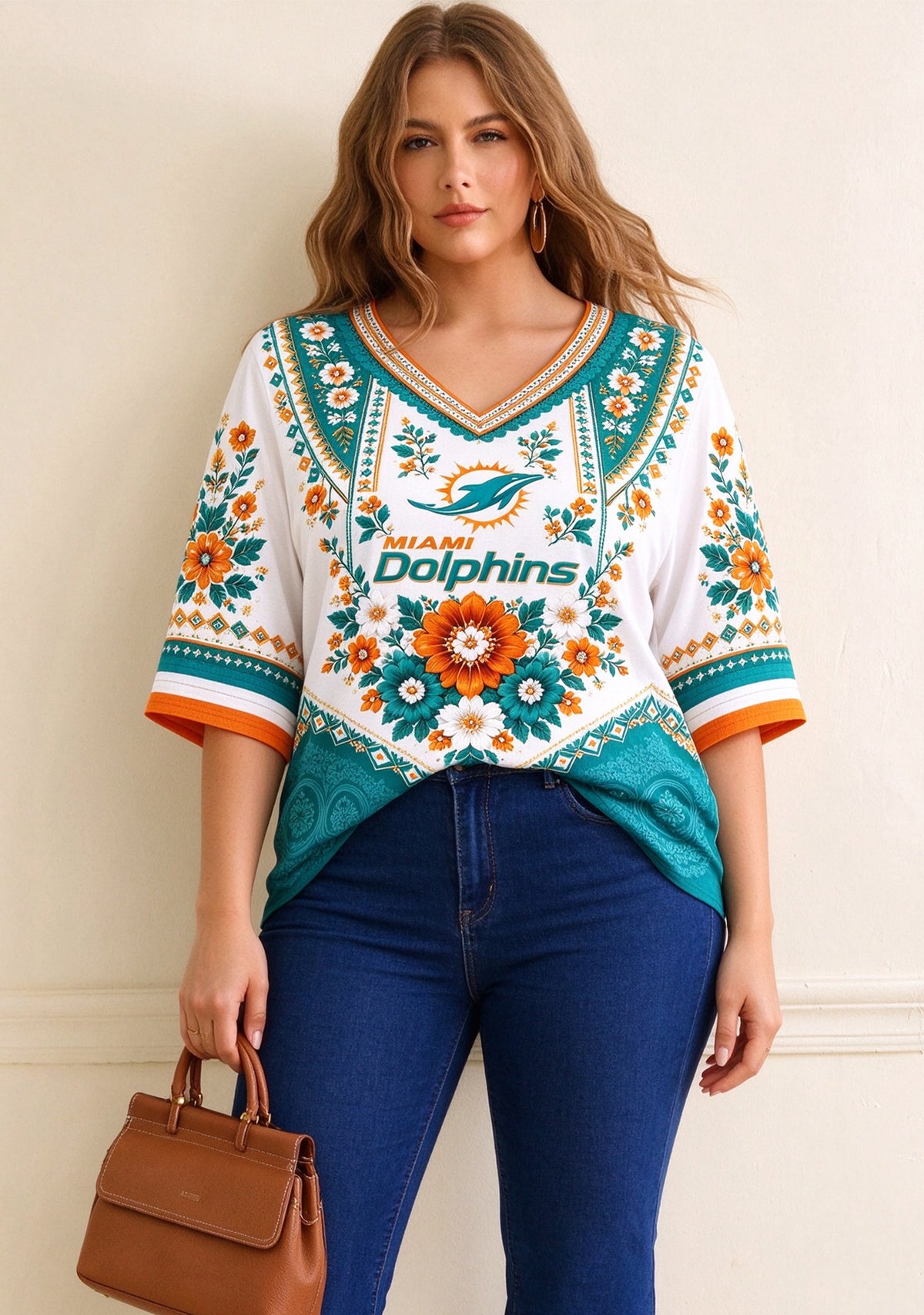 Women’s Miami Dolphins Boho Floral V-Neck 3/4 Sleeve Shirt Main image