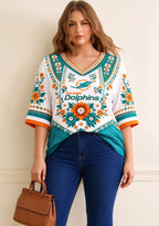 Women’s Miami Dolphins Boho Floral V-Neck 3/4 Sleeve Shirt