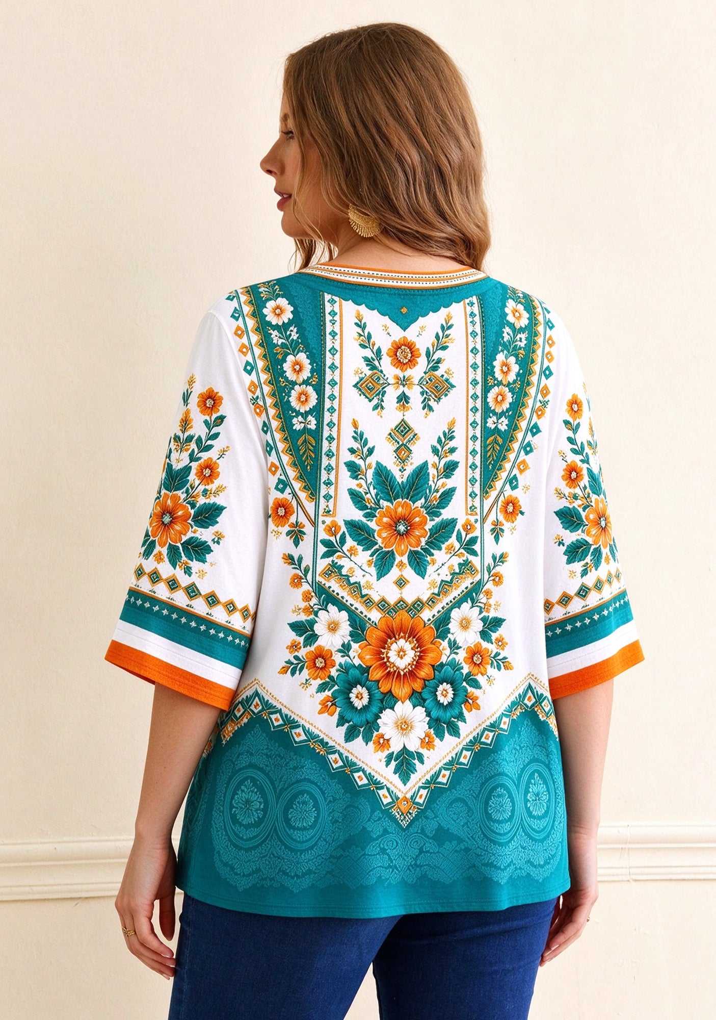 Women’s Miami Dolphins Boho Floral V-Neck 3/4 Sleeve Shirt Secondary image