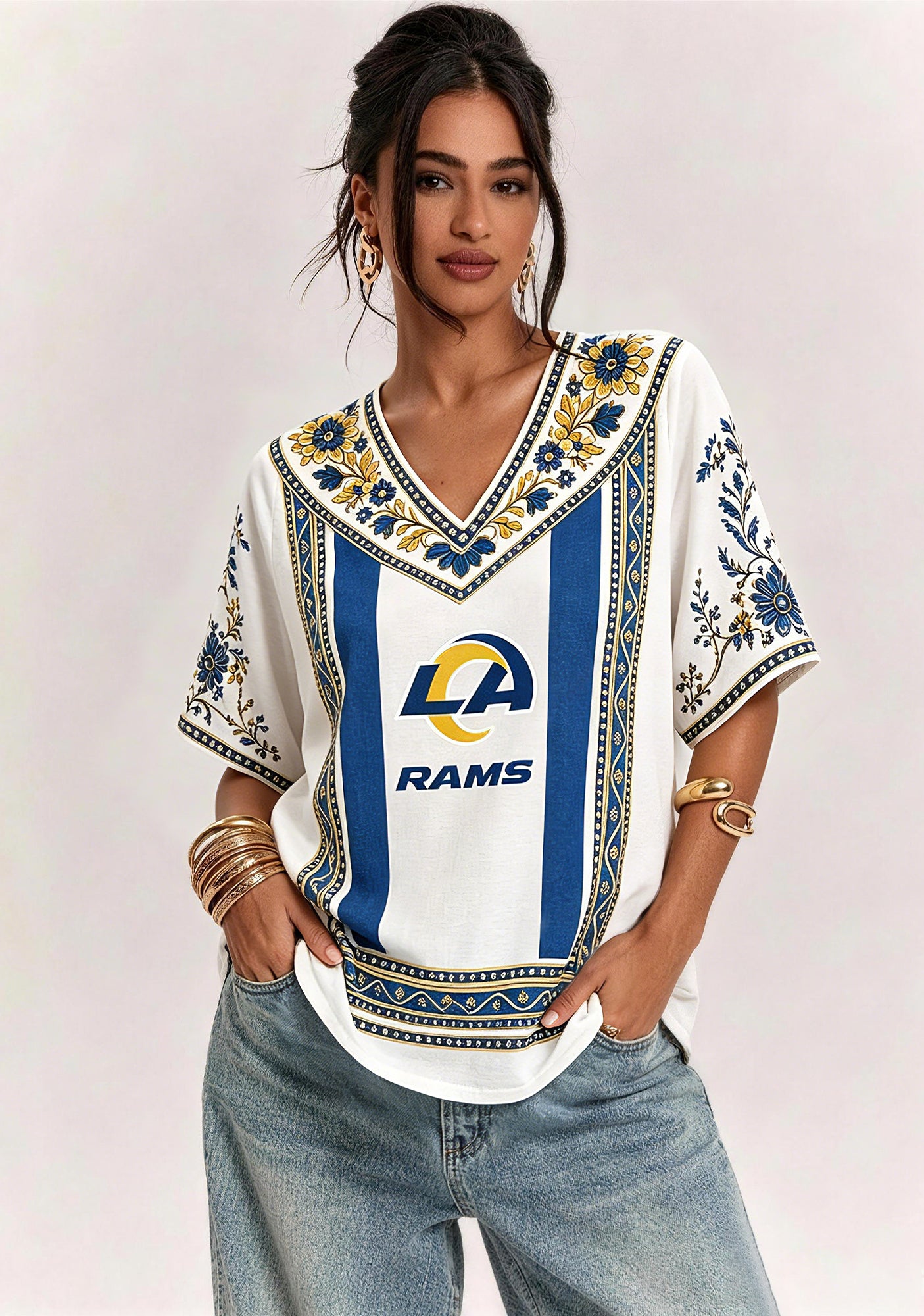 Boho Blue Gold Floral Los Angeles Rams V-Neck Blouse Main image
