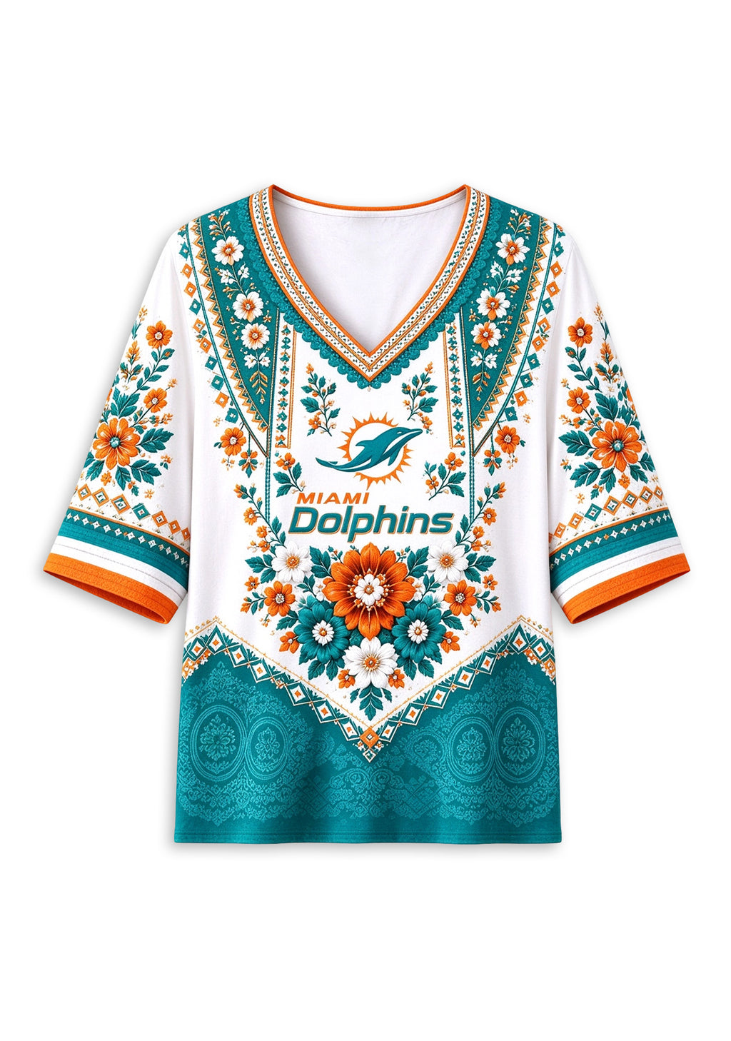 Women’s Miami Dolphins Boho Floral V-Neck 3/4 Sleeve Shirt