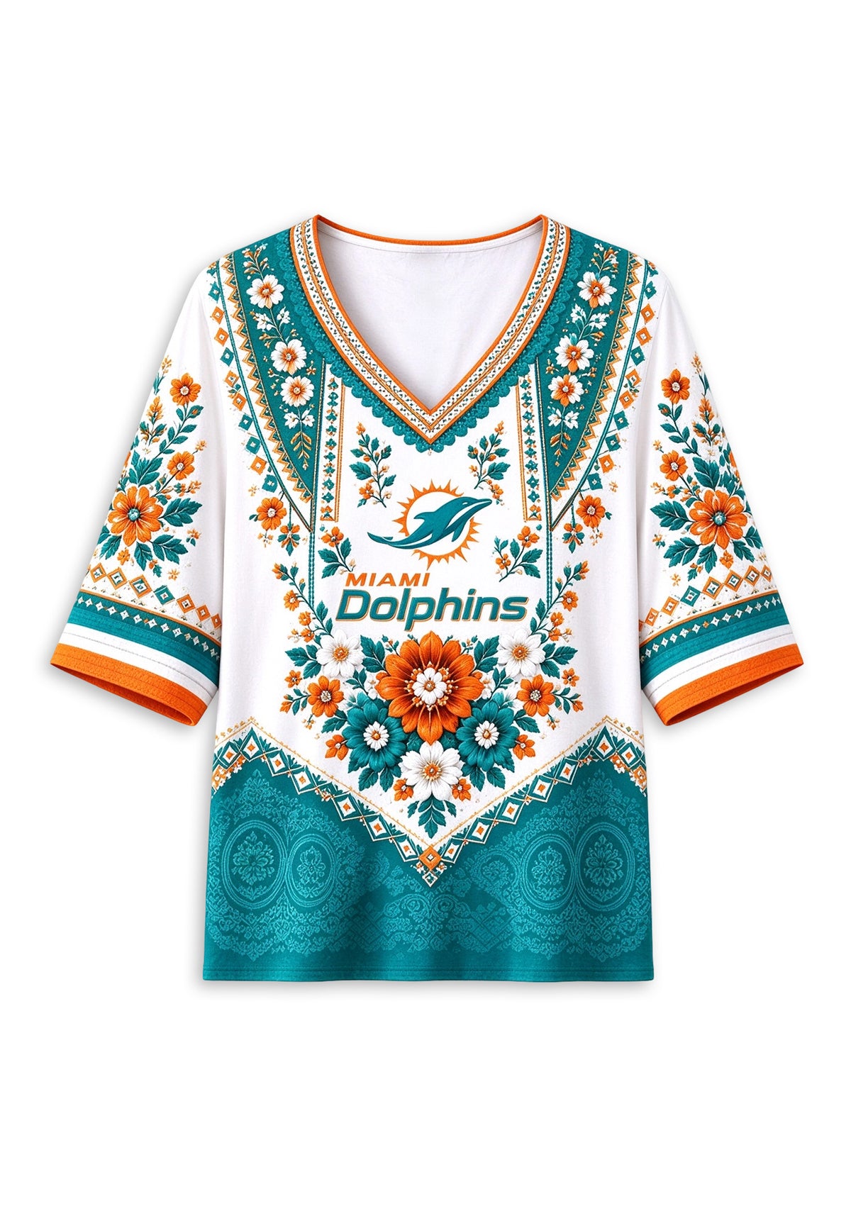 Women’s Miami Dolphins Boho Floral V-Neck 3/4 Sleeve Shirt