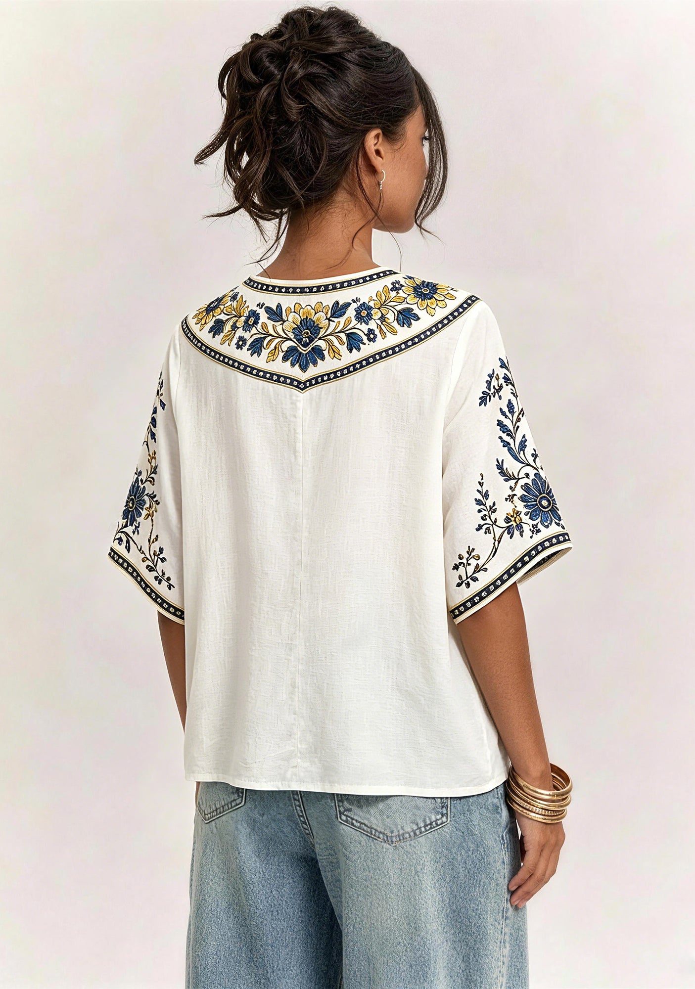 Boho Blue Gold Floral Los Angeles Rams V-Neck Blouse