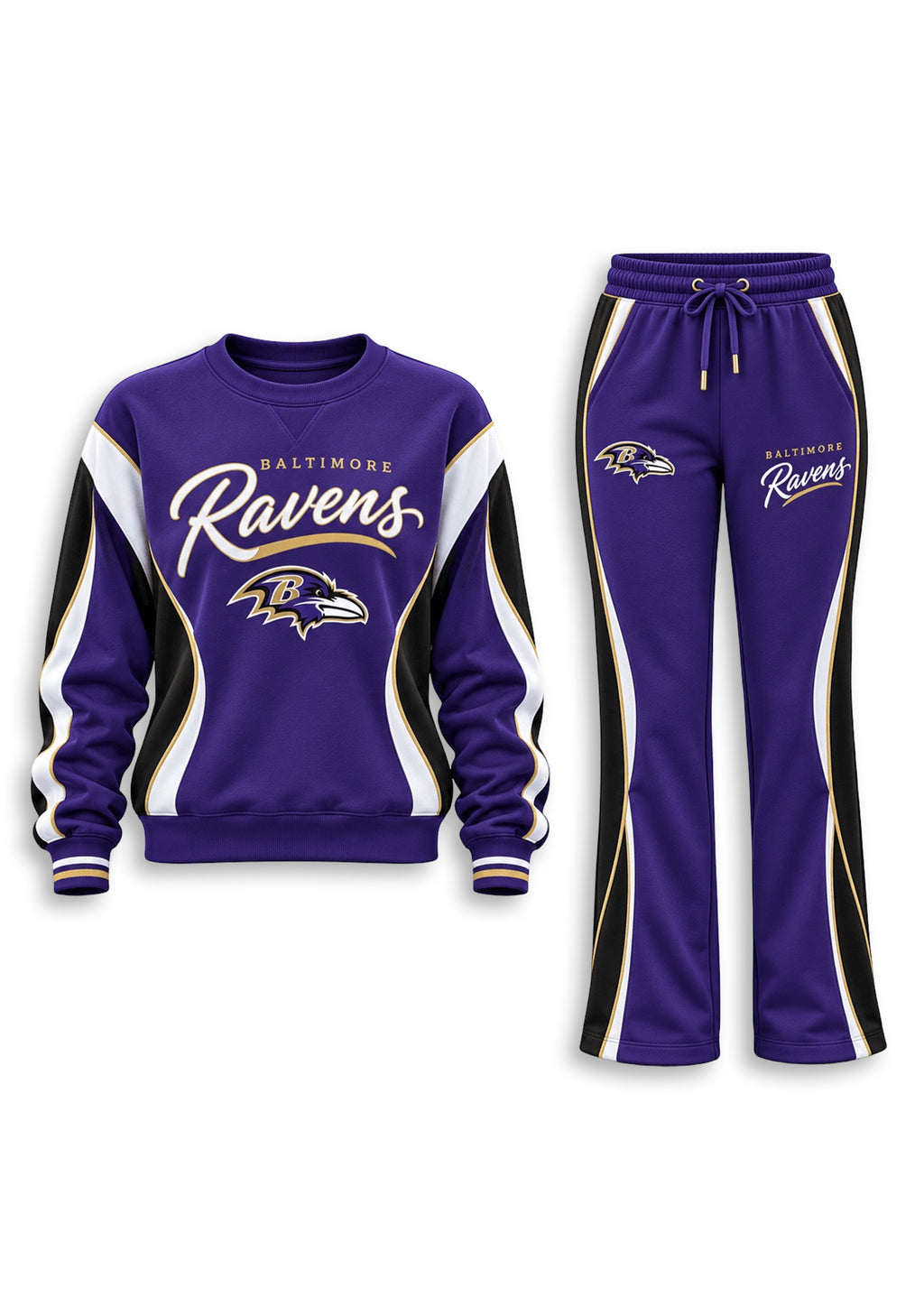 Women's Baltimore Ravens Crewneck Sweatshirt & Flared Pants 2 Piece Set