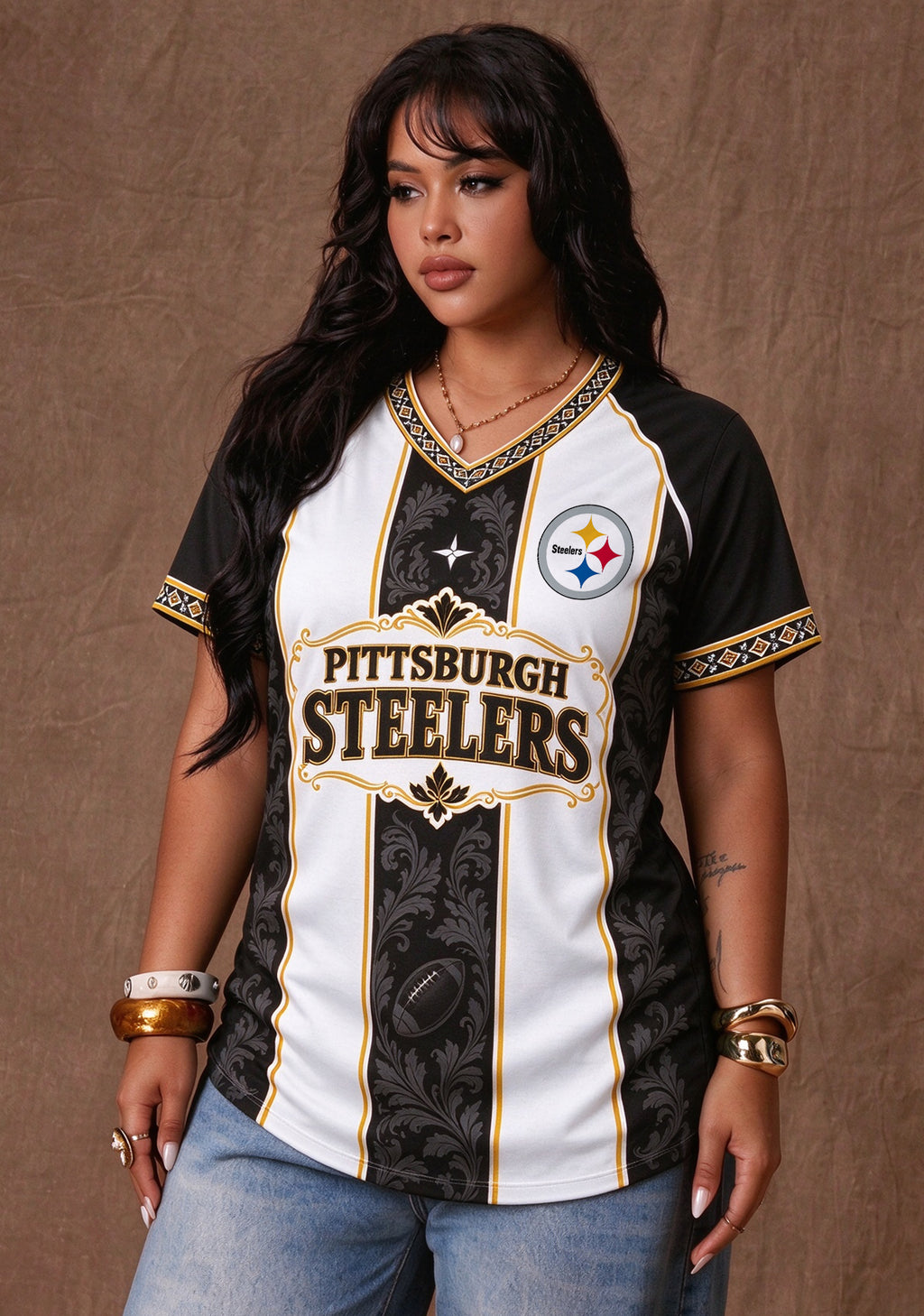 Women's Pittsburgh Steelers Floral Baroque Striped V-Neck T-Shirt
