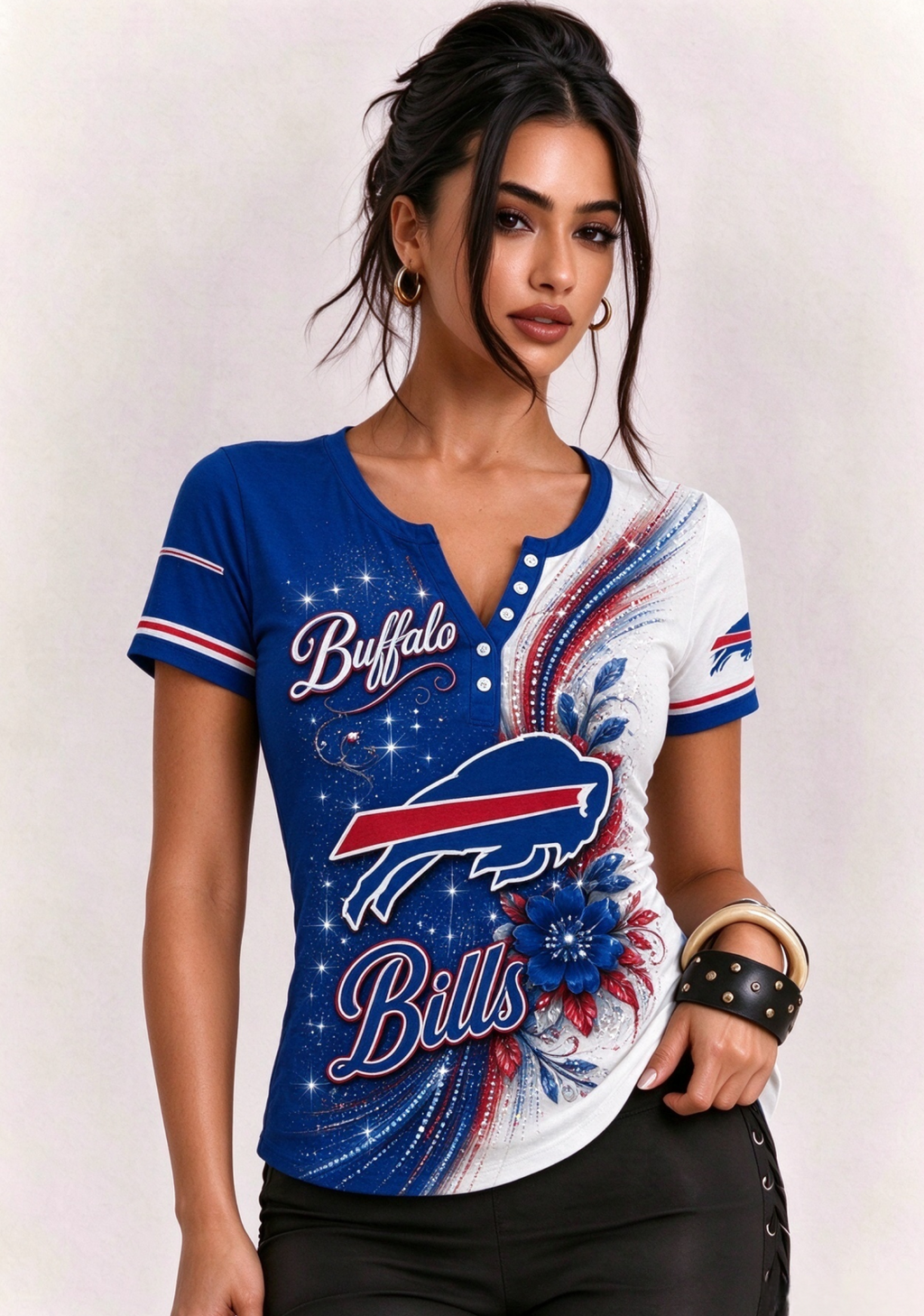 Women Buffalo Bills Floral Henley T-Shirt