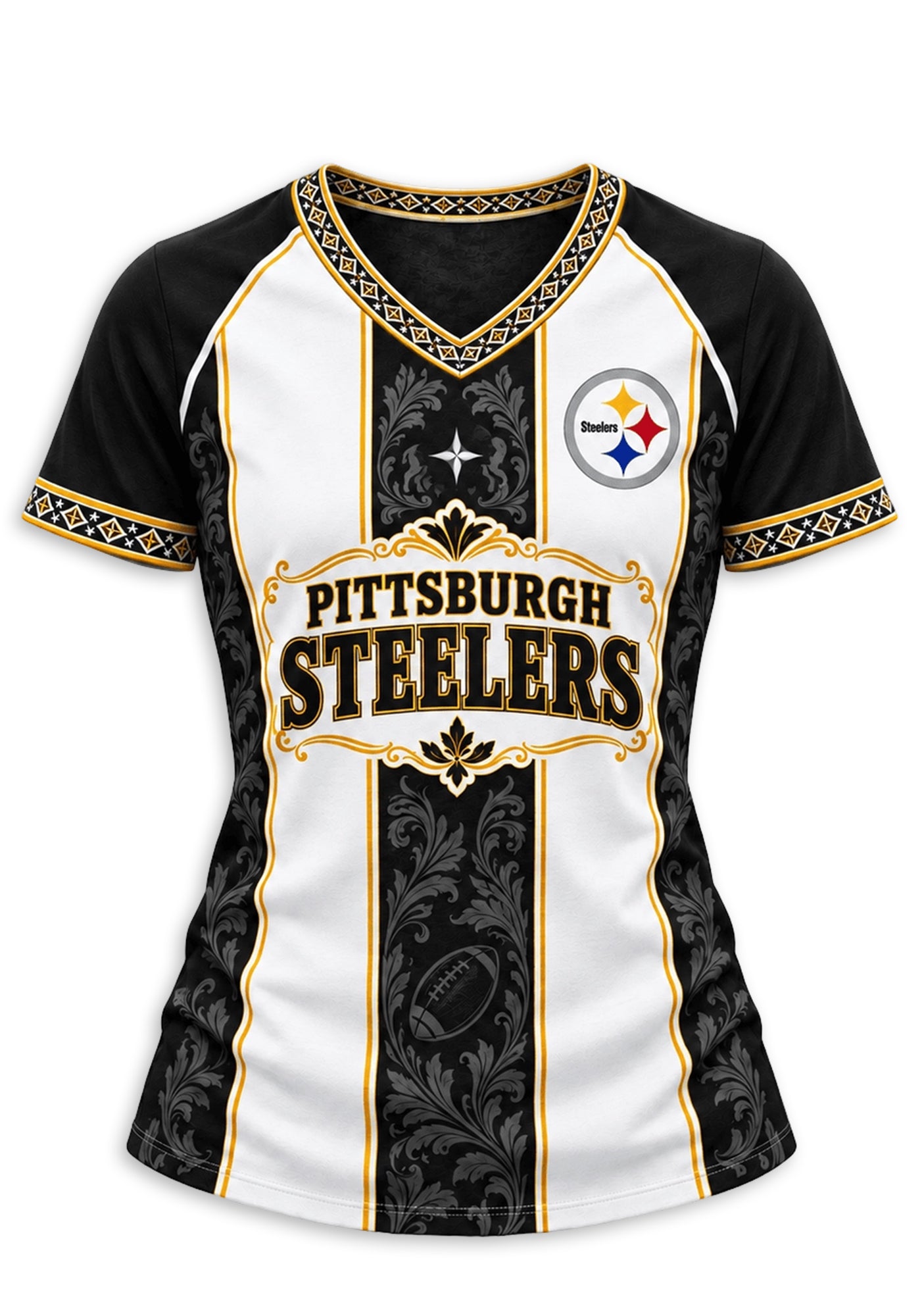 Women's Pittsburgh Steelers Floral Baroque Striped V-Neck T-Shirt Secondary image