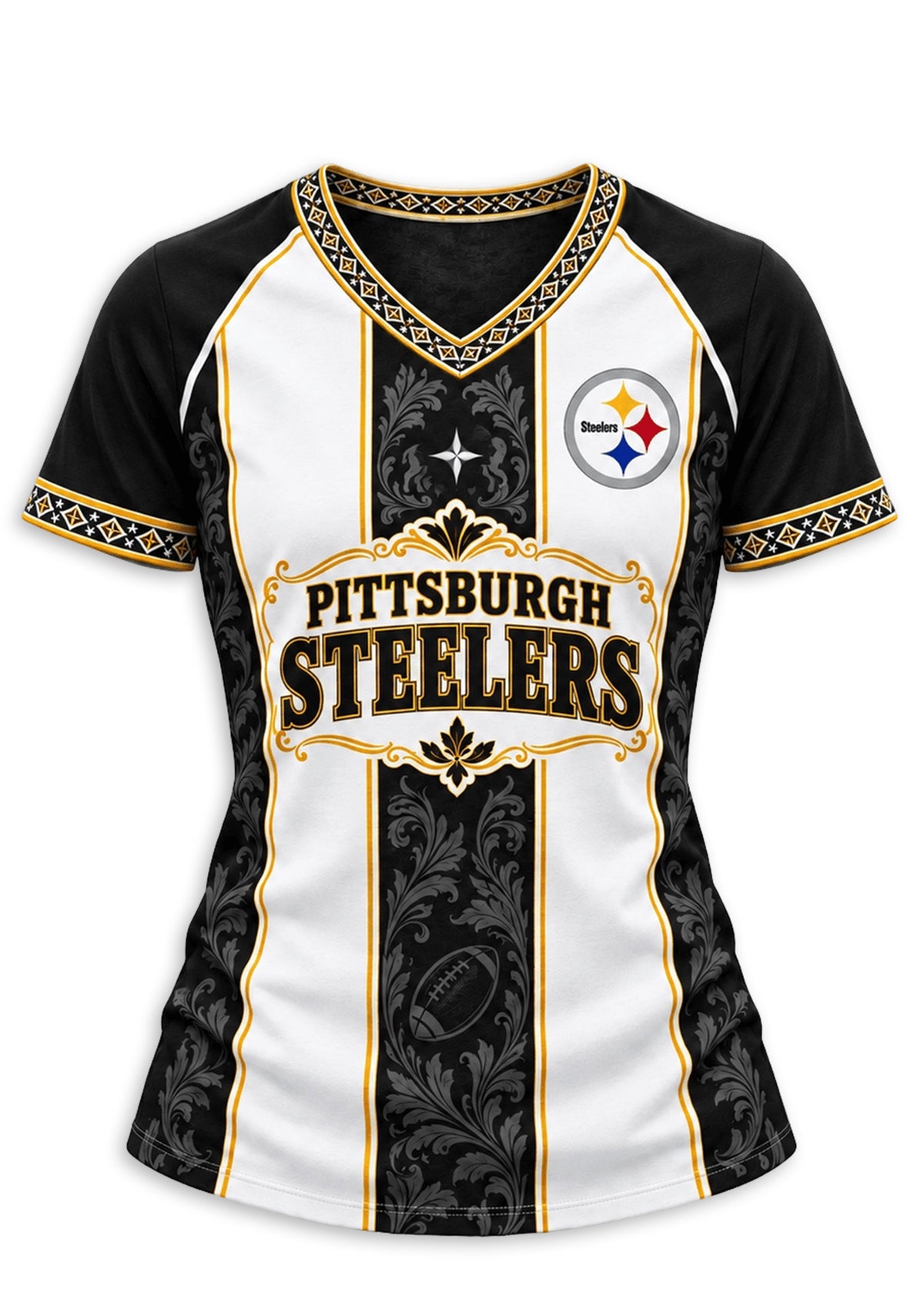 Women's Pittsburgh Steelers Floral Baroque Striped V-Neck T-Shirt