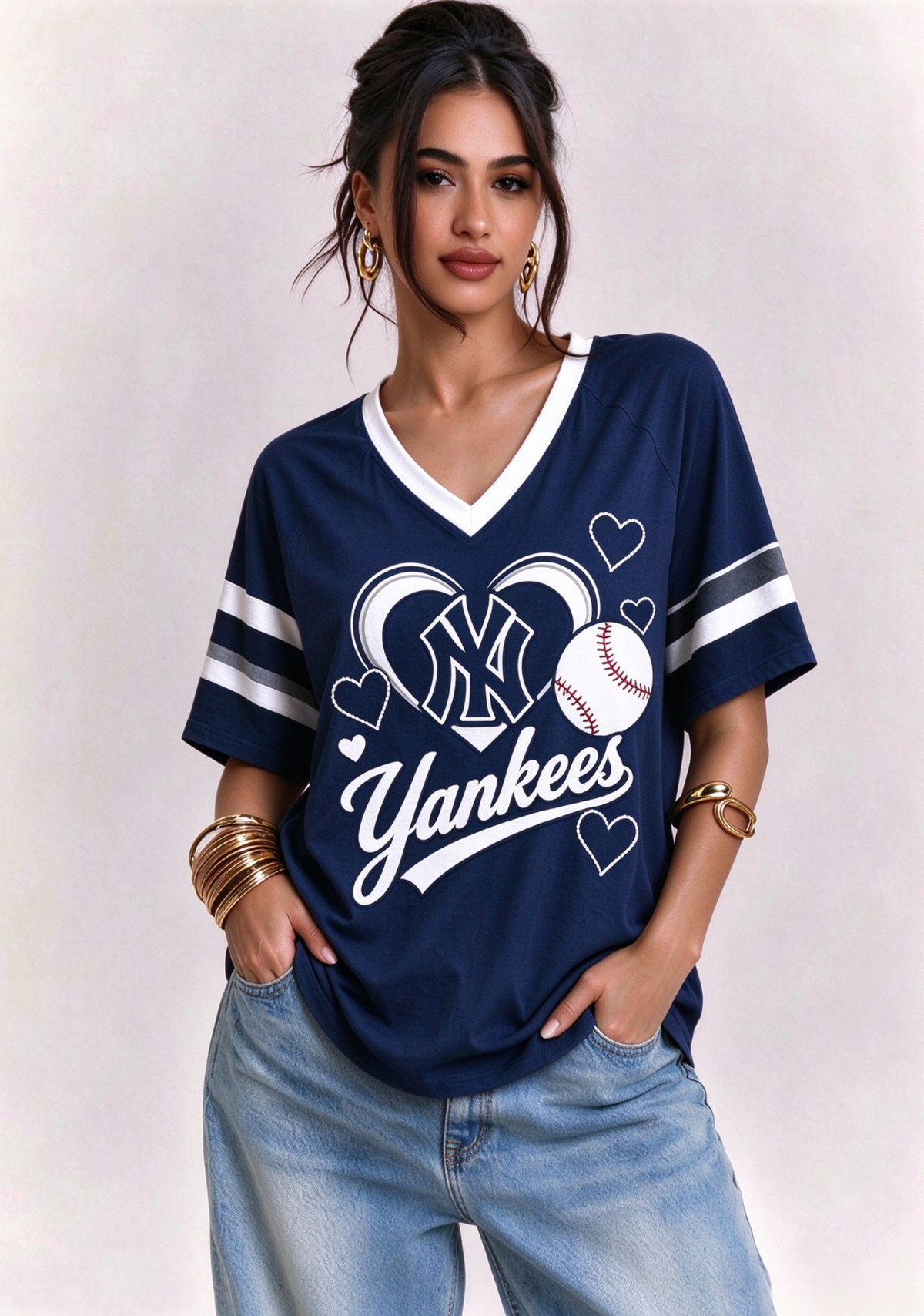 Women New York Yankees Heart Baseball Graphic V-Neck T-Shirt Main image