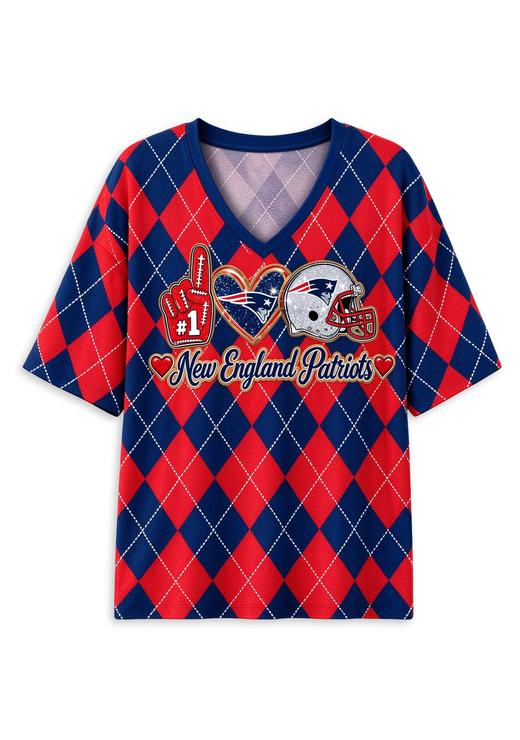 Women's New England Patriots Argyle #1 Fan Heart Helmet V-Neck T-Shirt