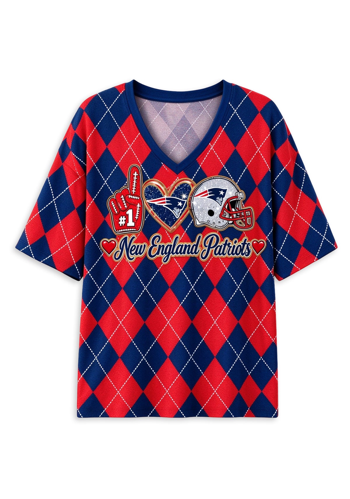 Women's New England Patriots Argyle #1 Fan Heart Helmet V-Neck T-Shirt