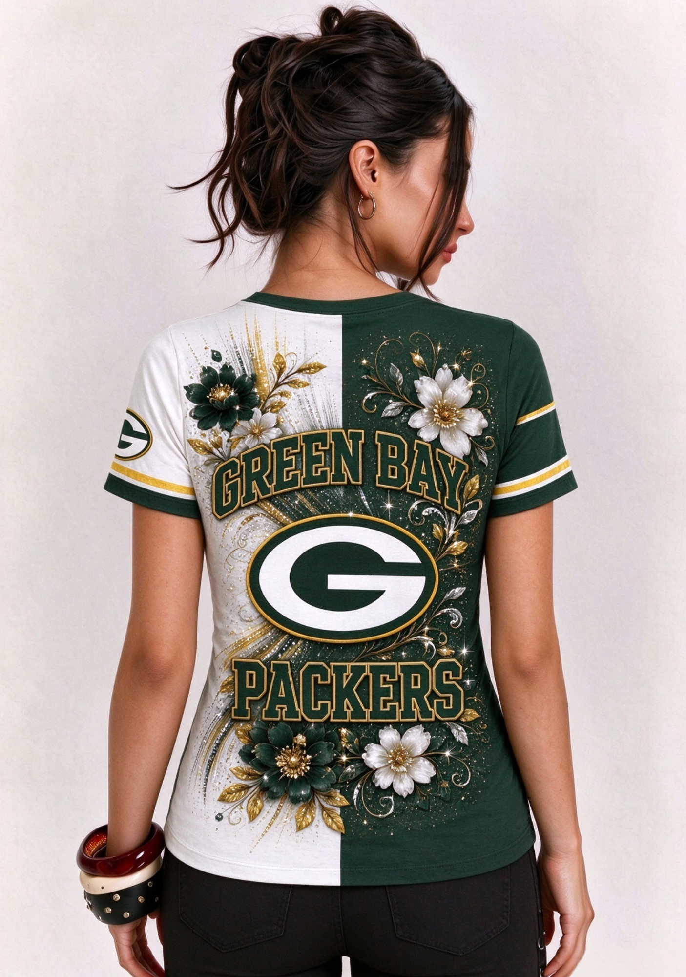 Women Green Bay Packers Floral Henley T-Shirt Secondary image