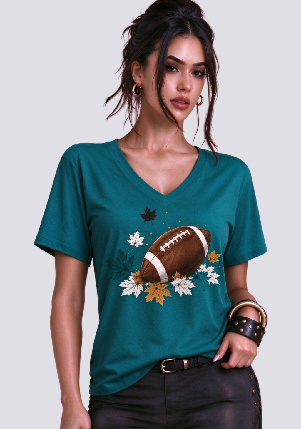 This Woman Loves Football Fall Maple Leaves NFL V-Neck T-Shirt