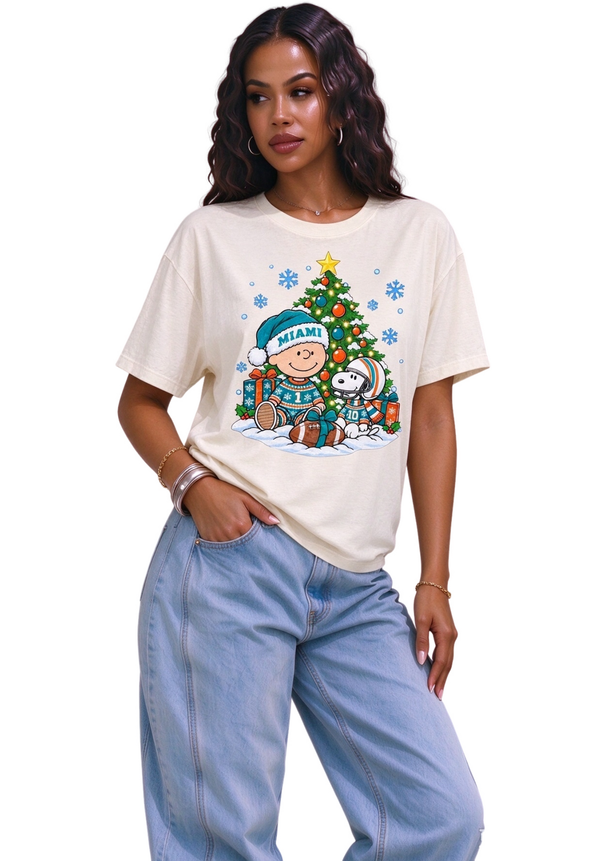 Women's Miami Dolphins Snoopy Charlie Brown Football Christmas T-Shirt