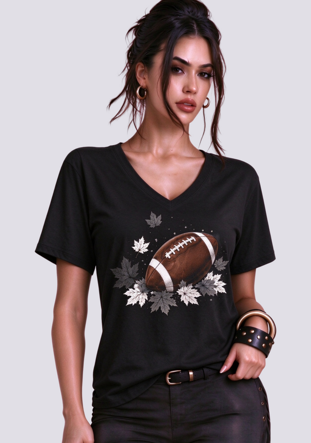 This Woman Loves Football Fall Maple Leaves NFL V-Neck T-Shirt