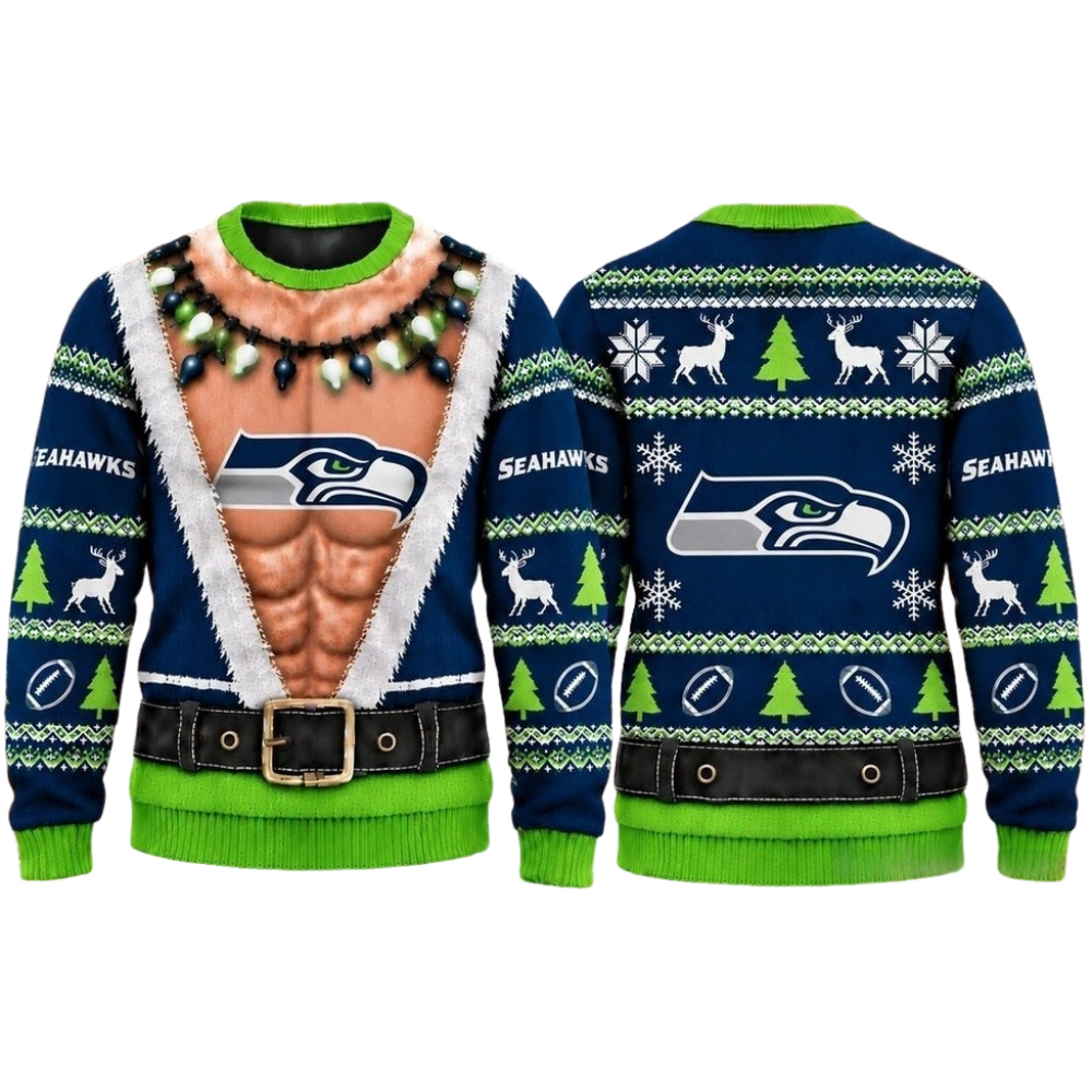 Seattle Seahawks Christmas Ugly Sweater Muscular Fan Graphic