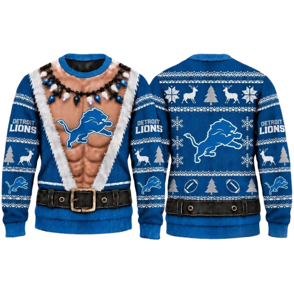 Detroit Lions Christmas Ugly Sweater Muscular Fan Graphic