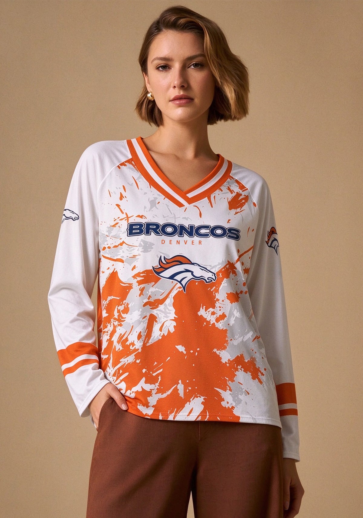 Women's Denver Broncos Graphic V Neck Long Sleeve Shirt