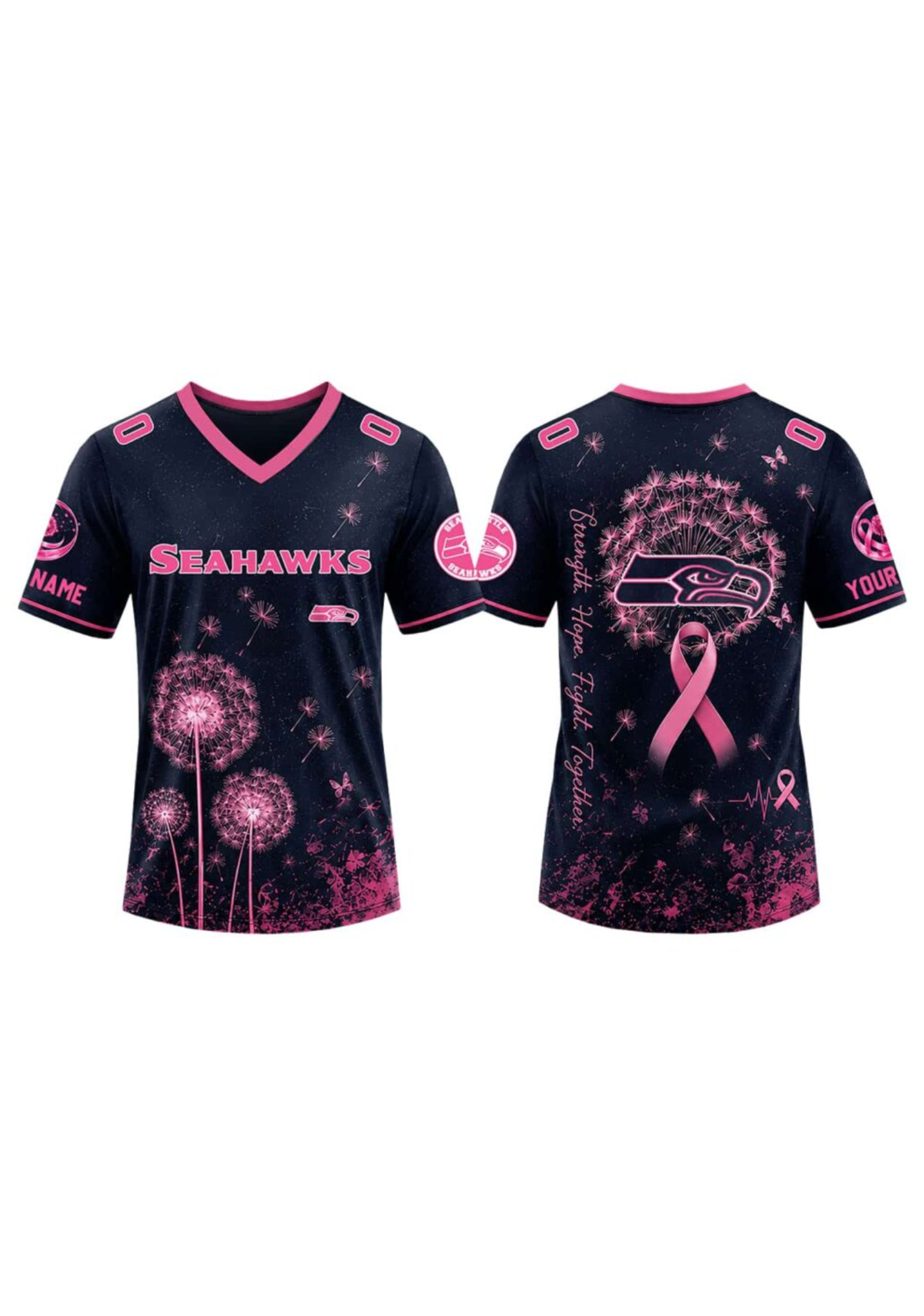 Seattle Seahawks Breast Cancer Awareness Dandelion V-Neck T-Shirt Secondary image