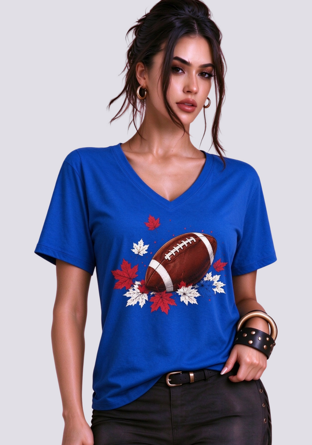 This Woman Loves Football Fall Maple Leaves NFL V-Neck T-Shirt