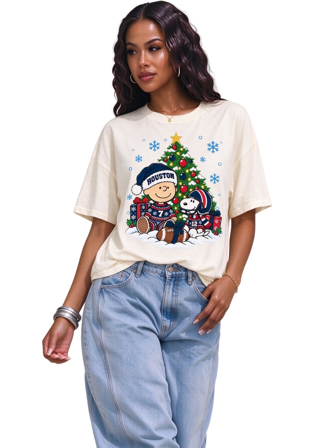 Women's Houston Texans Christmas Snoopy Charlie Brown T-Shirt