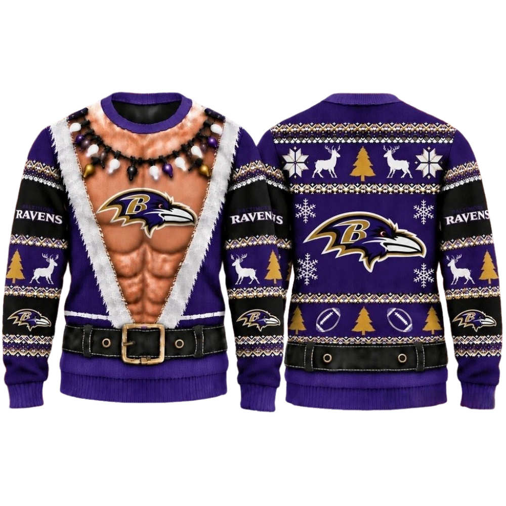 Baltimore Ravens Christmas Ugly Sweater Muscular Fan Graphic