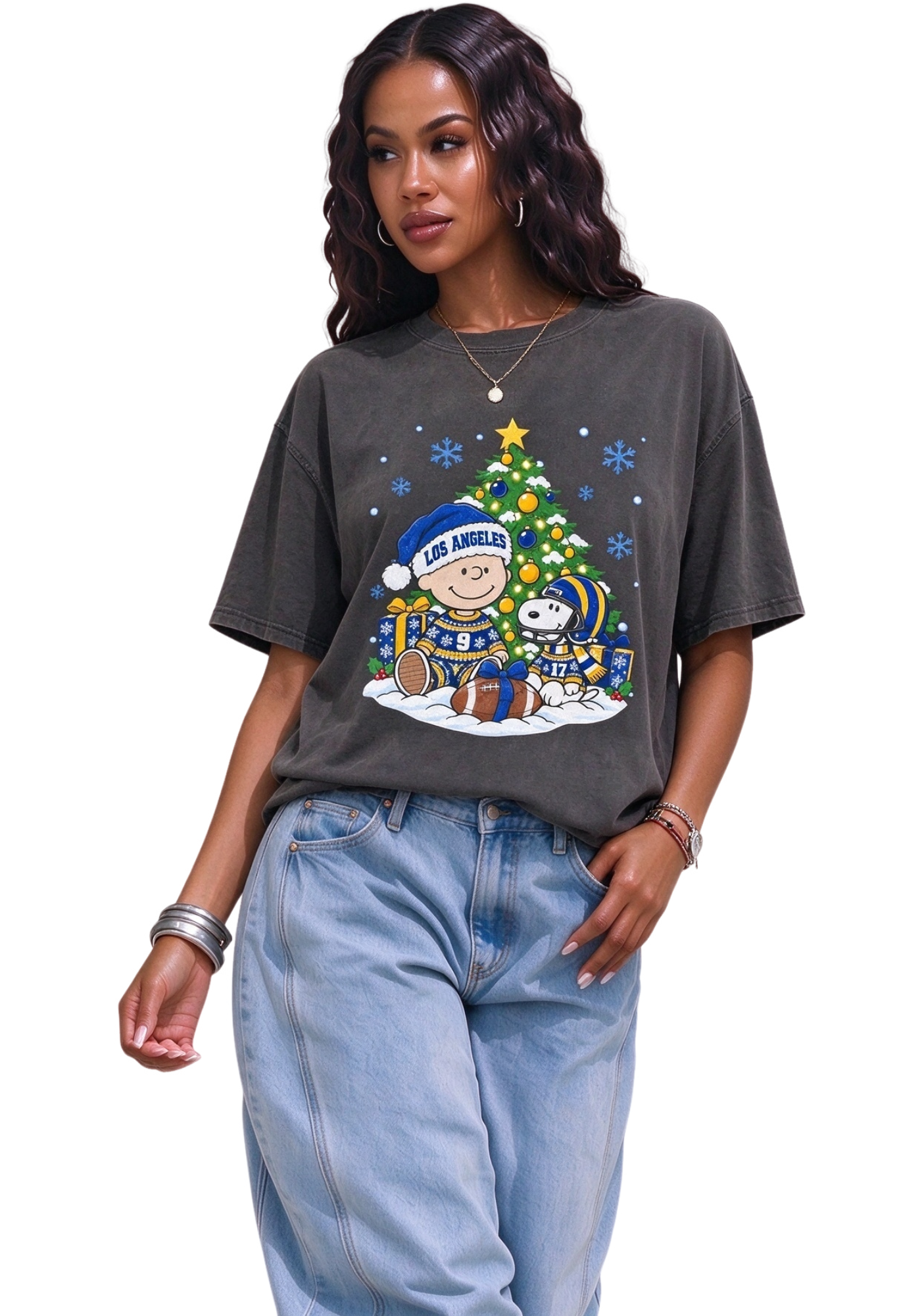 Women's Los Angeles Rams Christmas Snoopy Football T-Shirt Secondary image